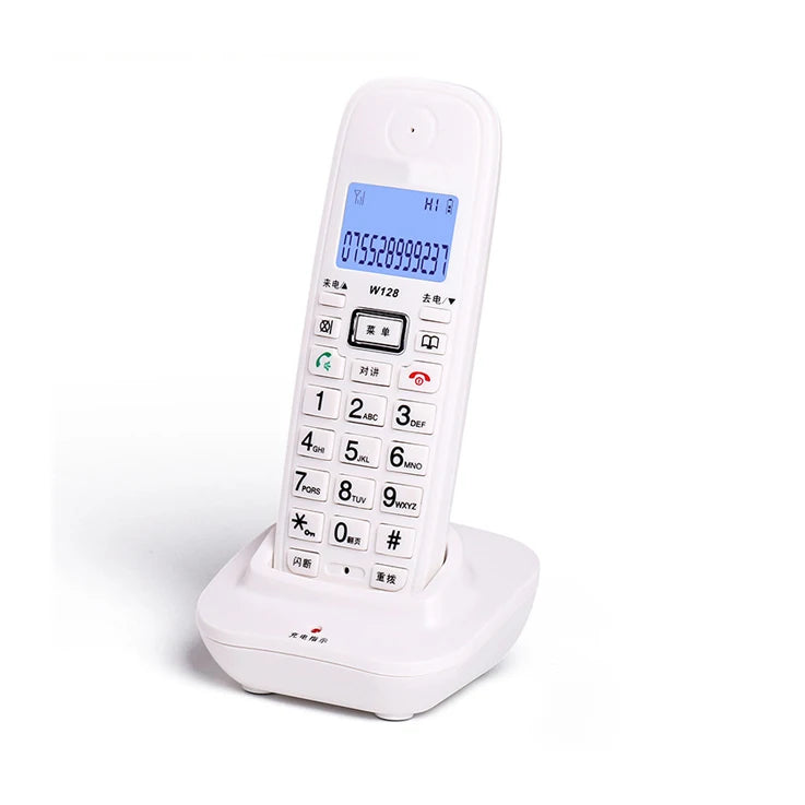 White cordless landline phone with a digital screen and charging base.