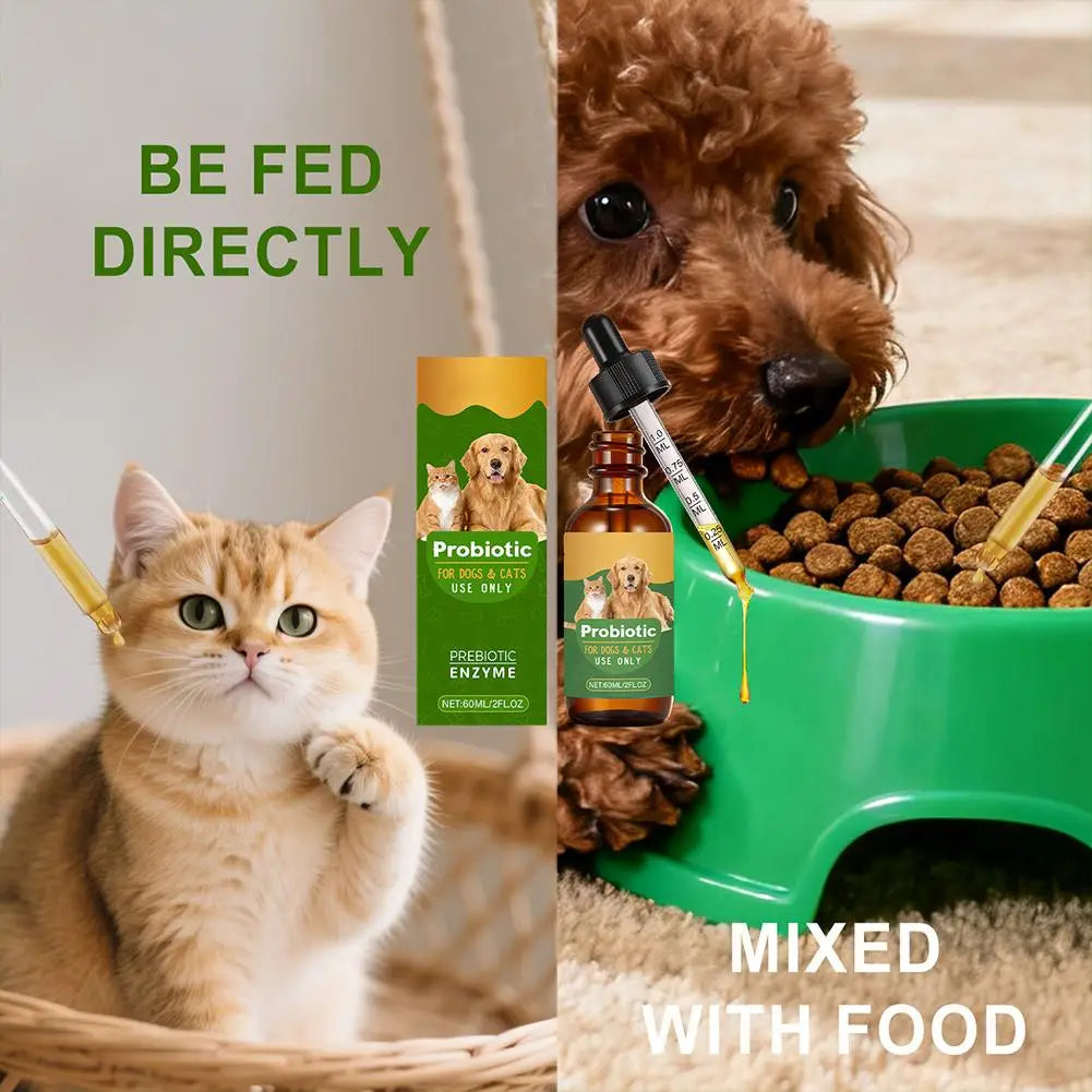 Probiotic drops for dogs and cats in a 60ml amber glass bottle with a graduated dropper for easy feeding or mixing.