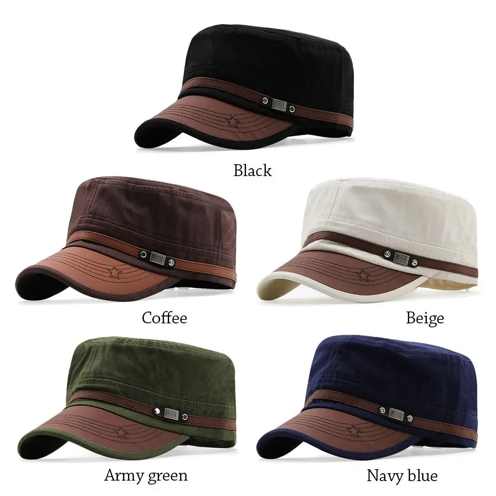 Unisex military-style cadet caps in black, coffee, beige, army green, and navy blue with brown contrast brims.