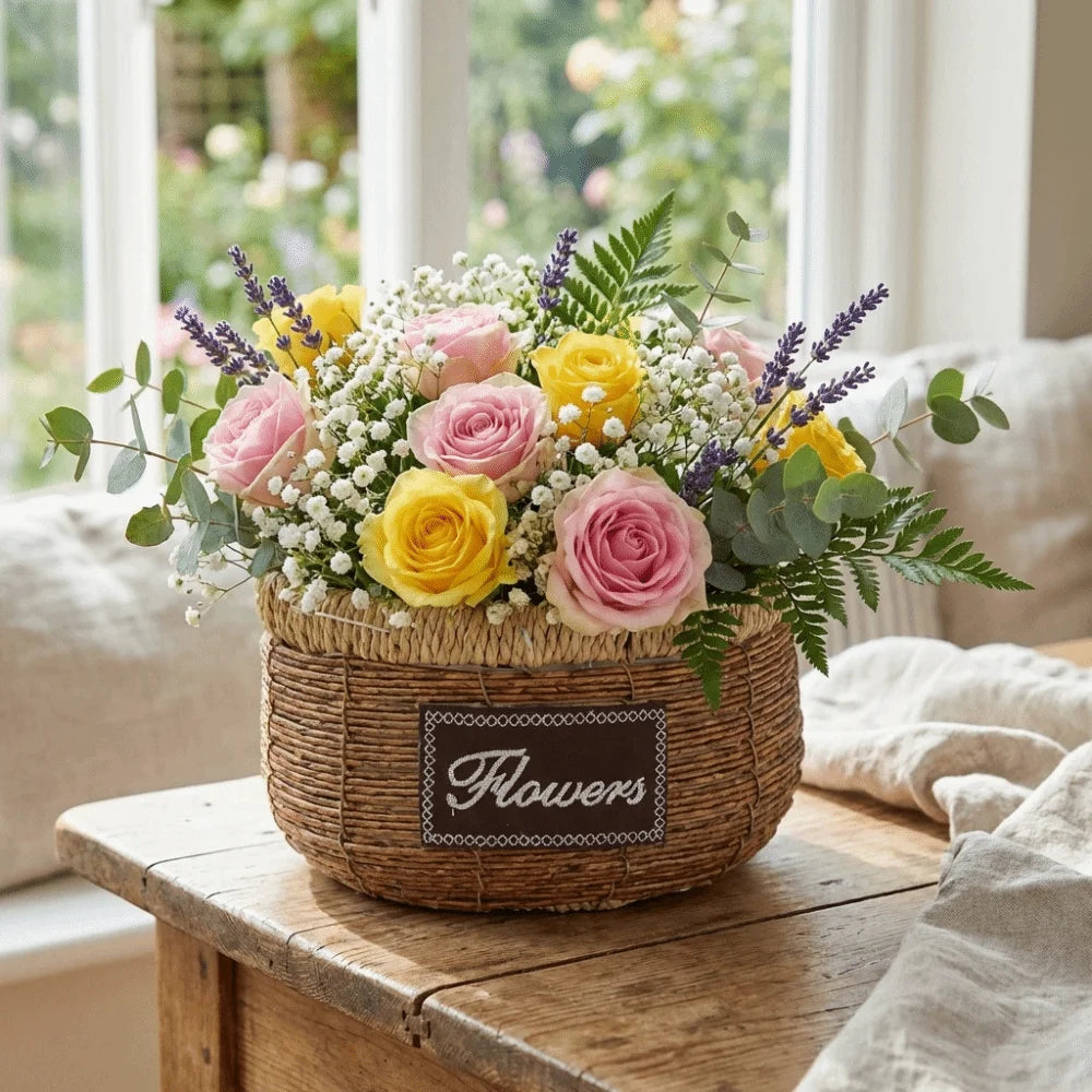 A rustic woven basket labeled "Flowers" filled with pink and yellow roses, lavender, and greenery on a wooden table.