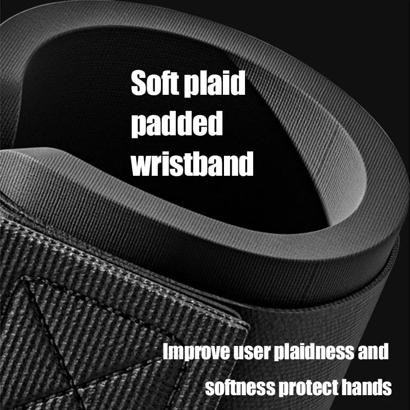 Close-up of a black, cushioned, plaid-textured wristband designed for comfort and protection.