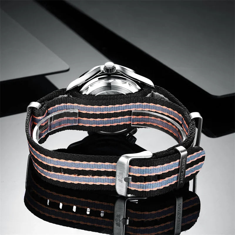 Men's watch with a stainless steel case and a black fabric strap featuring blue and orange striped detailing.
