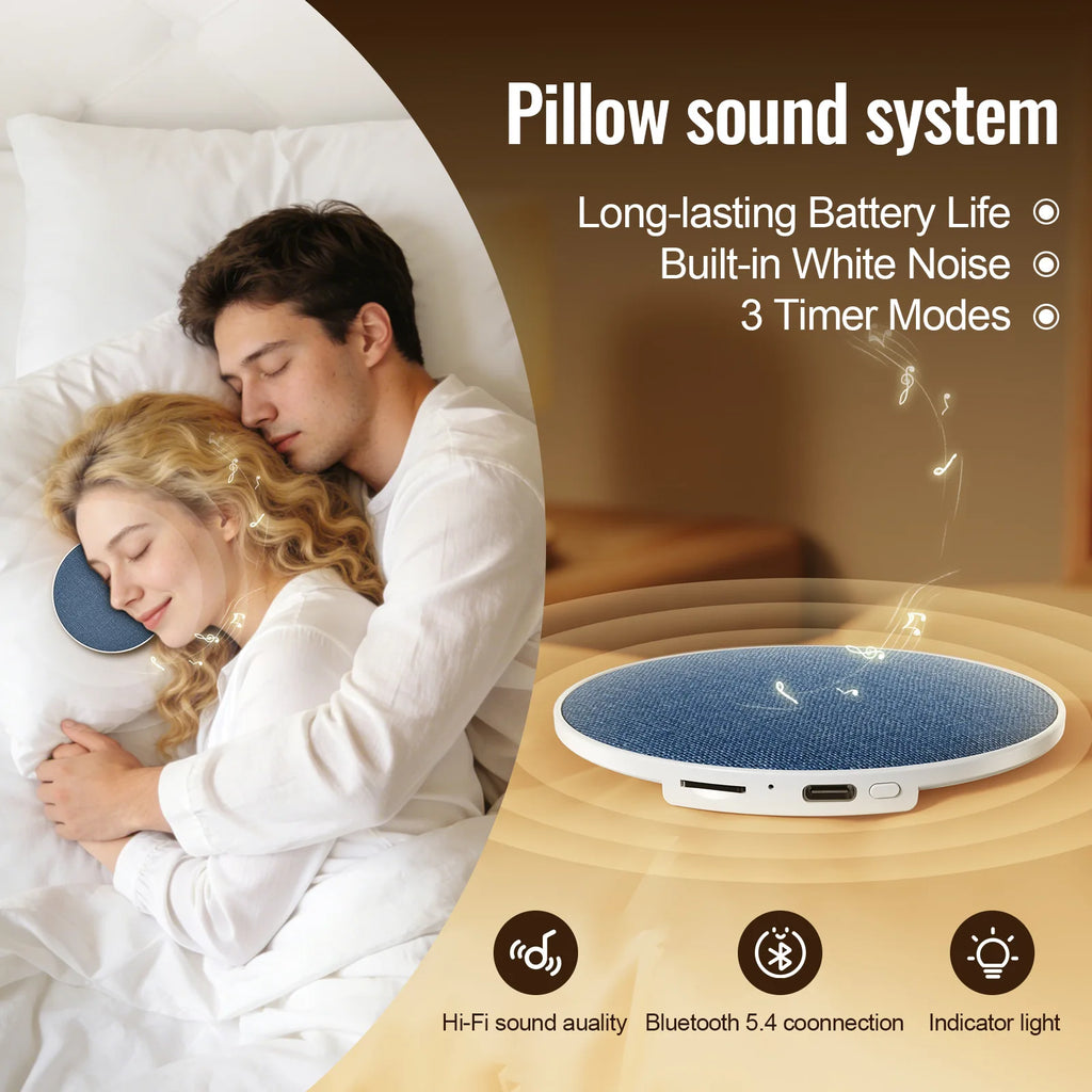 A blue, circular fabric wireless pillow speaker, featuring Bluetooth connectivity, white noise, and timer modes.