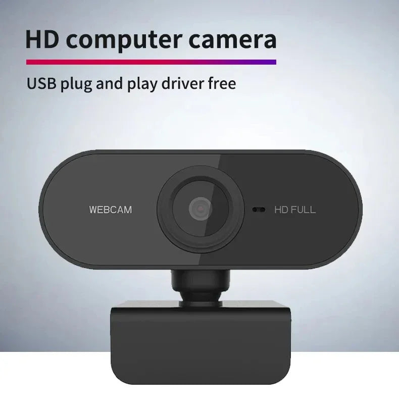 Black 1080P HD USB webcam with an adjustable stand and built-in microphone for plug-and-play use.