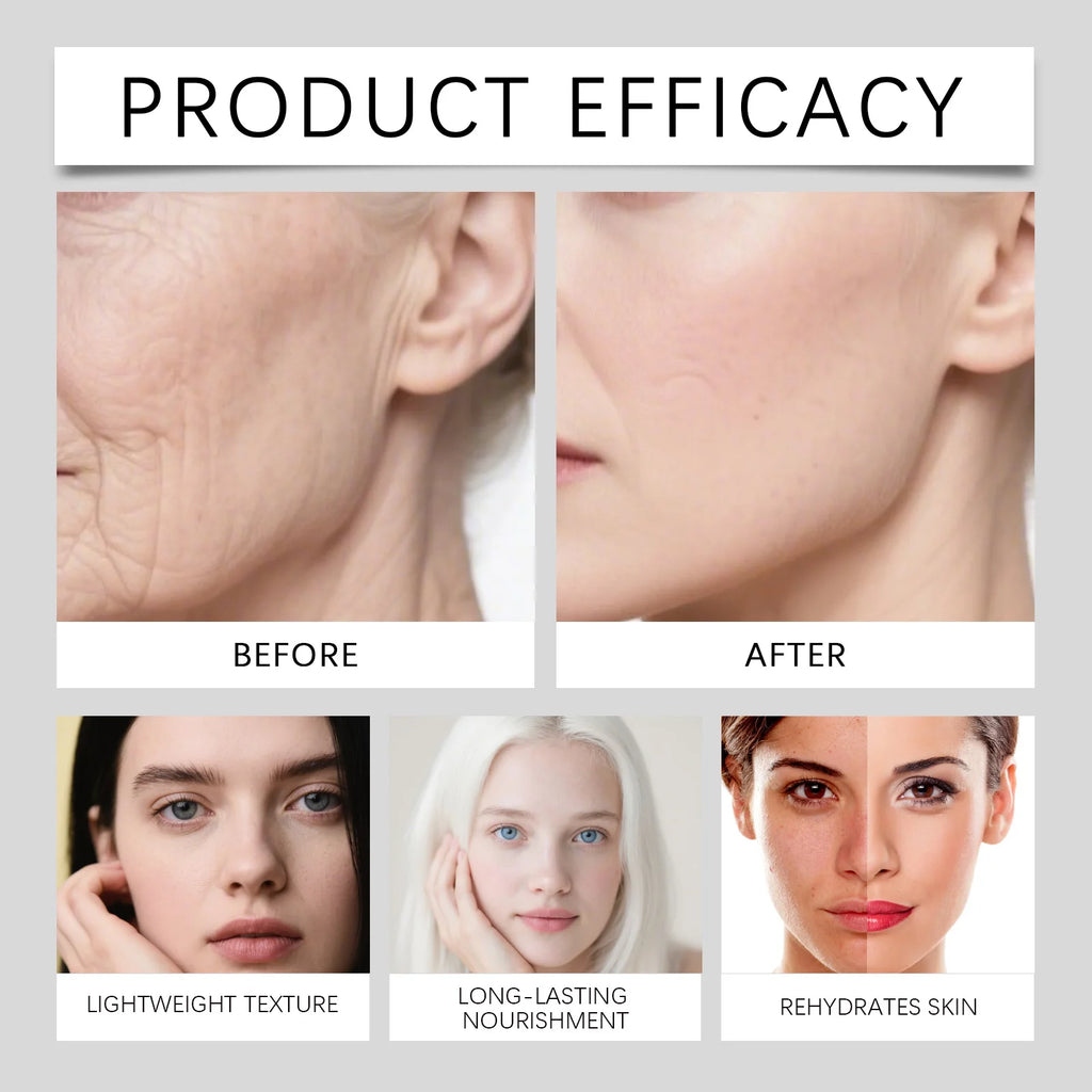 Comparison images showing improved skin texture, hydration, and nourishment for a smooth, healthy complexion.