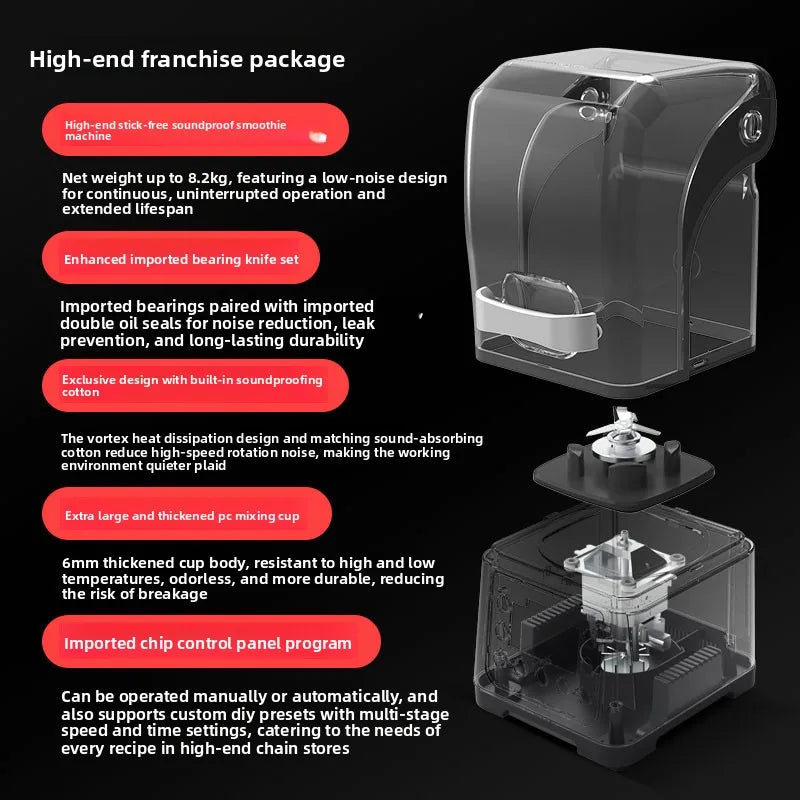 Black commercial slush machine with a clear soundproof cover, blades, and base shown in an exploded view.