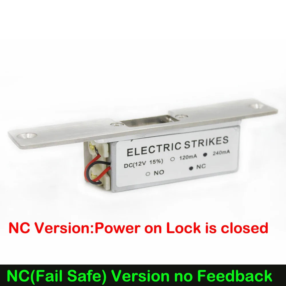 Silver metal electric strike door lock with mounting plate and 12V terminal connectors.