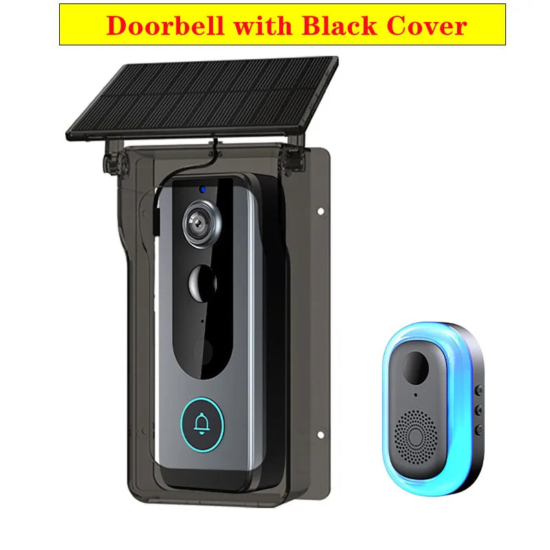 Smart Wi-Fi video doorbell in a protective black cover with a solar panel, plus a blue LED indoor chime unit.