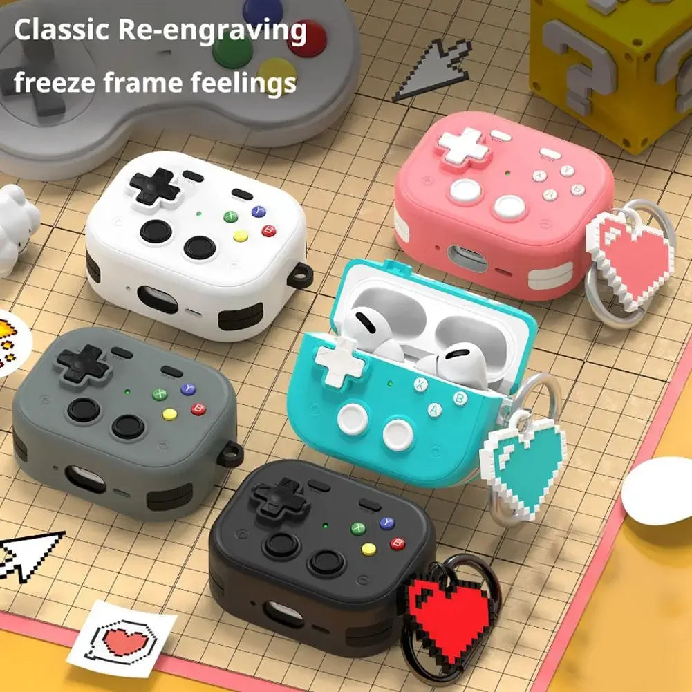 Retro game controller-style silicone cases for AirPods Pro in white, pink, turquoise, grey, and black.
