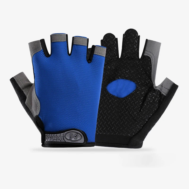 Blue and grey fingerless cycling gloves with a textured black palm grip and a branded wrist strap.