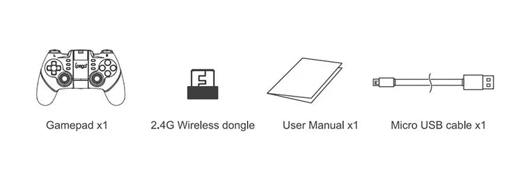 Contents of the VR headset kit: a black wireless gamepad, 2.4G dongle, user manual, and a micro USB charging cable.