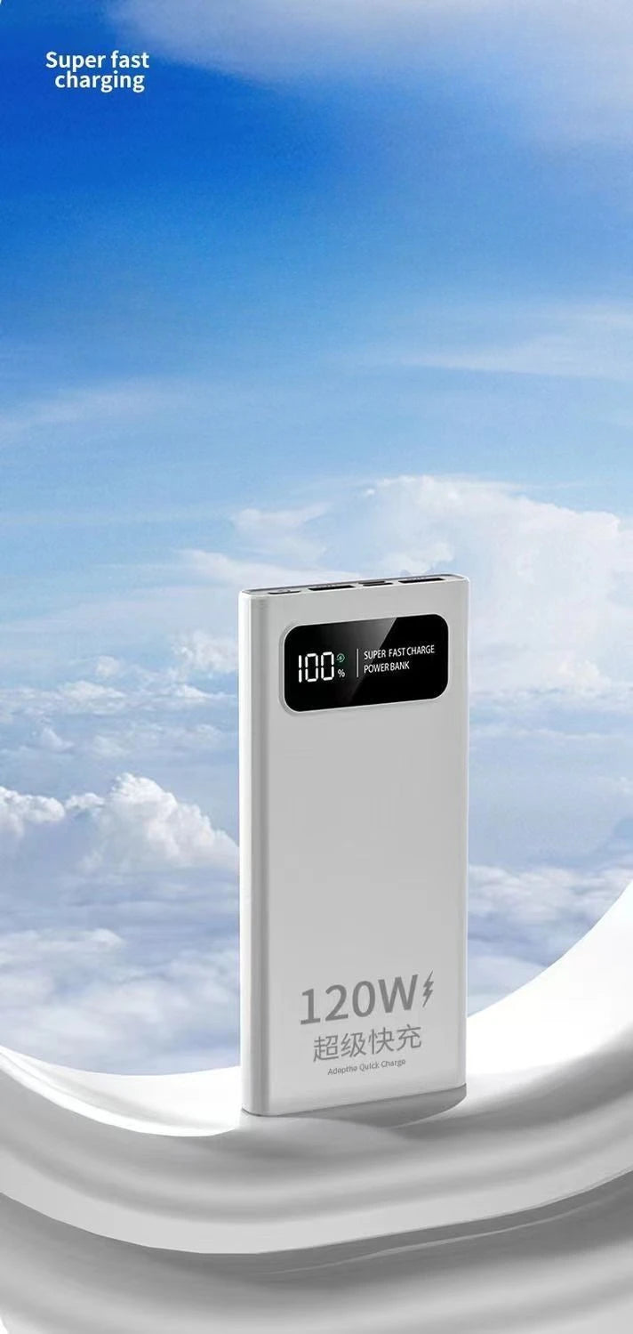 White 20,000mAh portable power bank with a digital battery percentage display, set against a bright sky background.