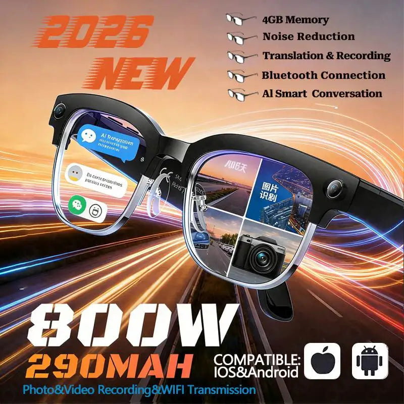 Black smart glasses with built-in cameras for recording, AI translation, Bluetooth, and phone compatibility.