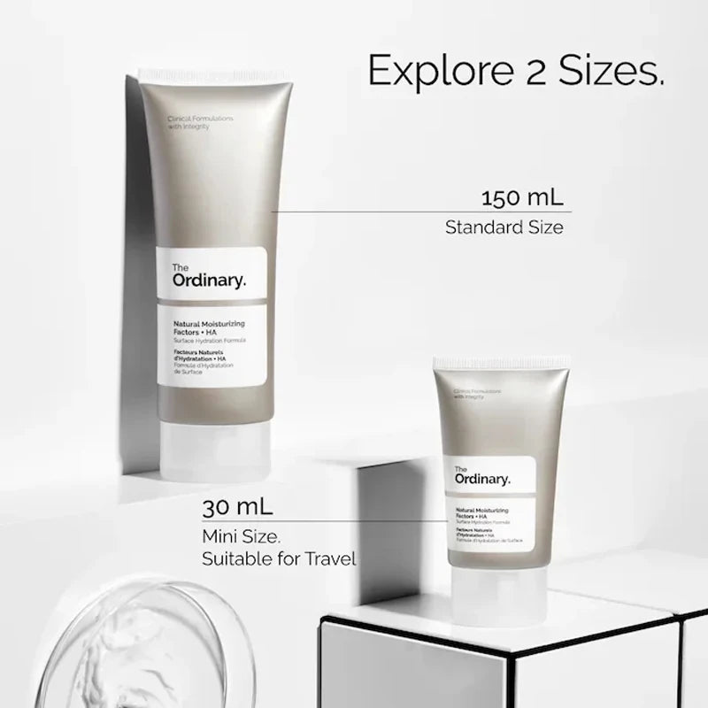 Two tubes of grey moisturizing cream, shown in 150ml standard size and 30ml travel-friendly mini size.