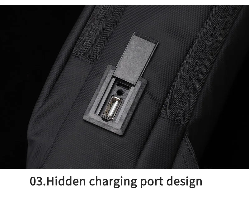 Close-up of a black waterproof crossbody sling bag featuring an integrated, discreet USB charging port.