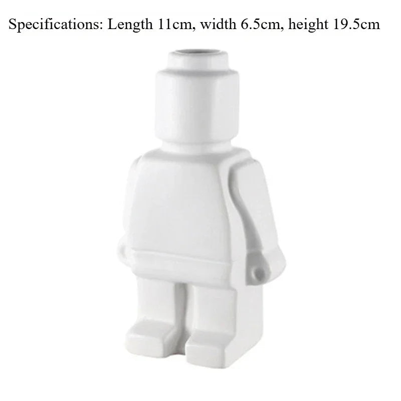 White ceramic figurine vase in the shape of a toy person, 19.5cm tall, modern minimalist home decor.