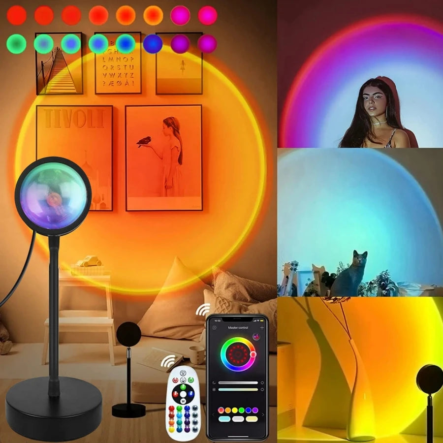 Smart LED projection lamp with remote and app control, creating vibrant sunset and multicolour lighting effects.
