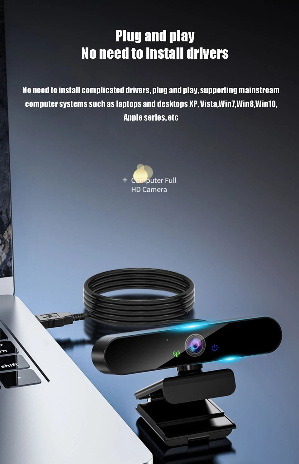 Black 4K USB webcam with integrated microphone, autofocus lens, and adjustable stand, connected to a laptop.