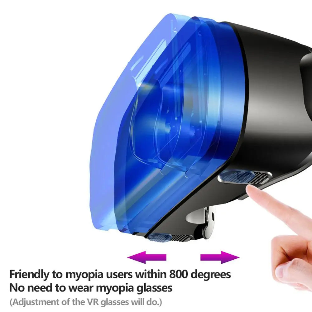 Black VR headset with a translucent blue front cover, showing adjustable focus sliders for myopia users.