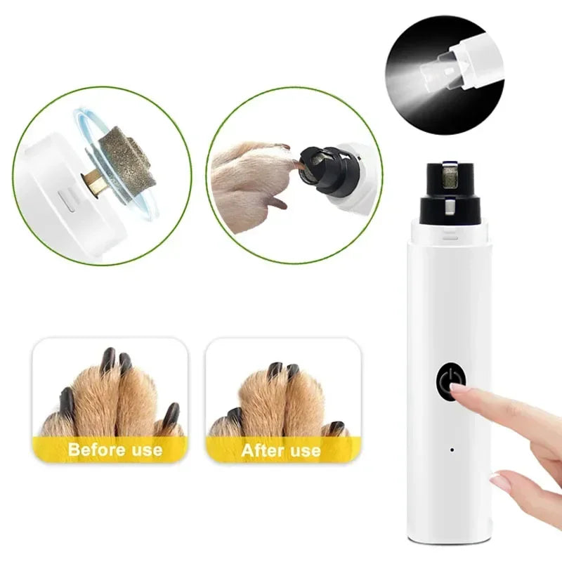 White rechargeable electric pet nail grinder with an LED light, showing before and after results on a dog's paw.