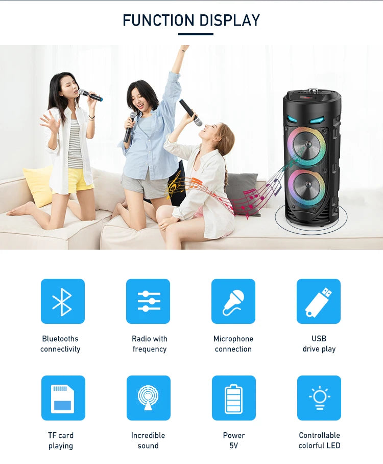 Portable black 30W Bluetooth speaker with LED light rings, showing women singing with microphones and feature icons.
