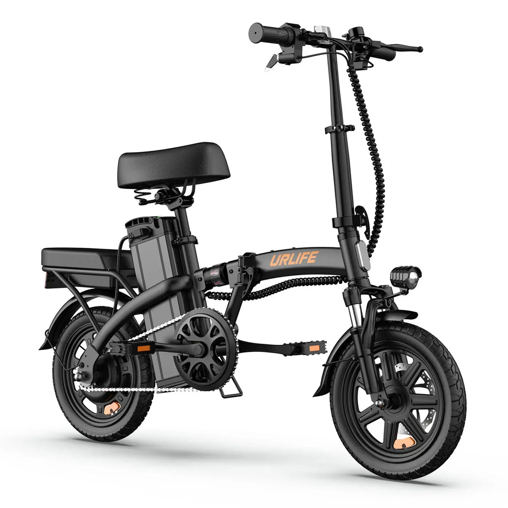 Black foldable electric mountain bike with 14-inch fat tires, rear rack, and visible battery pack.