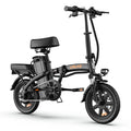 Black foldable electric mountain bike with 14-inch fat tires, rear rack, and visible battery pack.