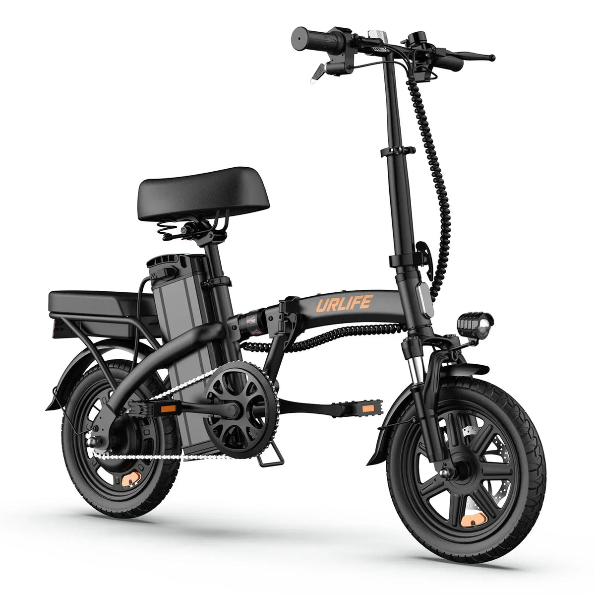 Black foldable electric mountain bike with 14-inch fat tires, rear rack, and visible battery pack.