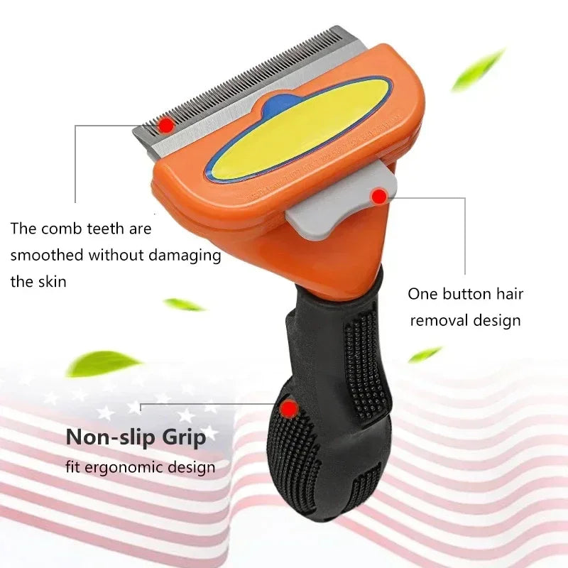Orange and black pet de-shedding comb with a stainless steel blade, ergonomic grip, and one-button hair release.