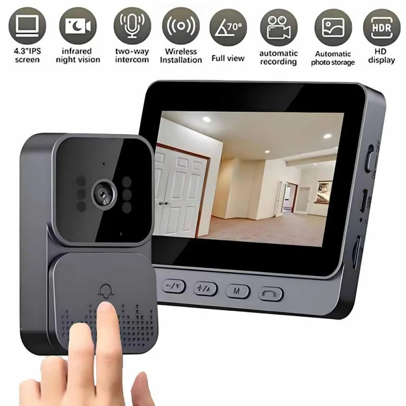 Smart wireless video doorbell with dark grey finish, 4.3-inch HD screen, night vision, and two-way audio.