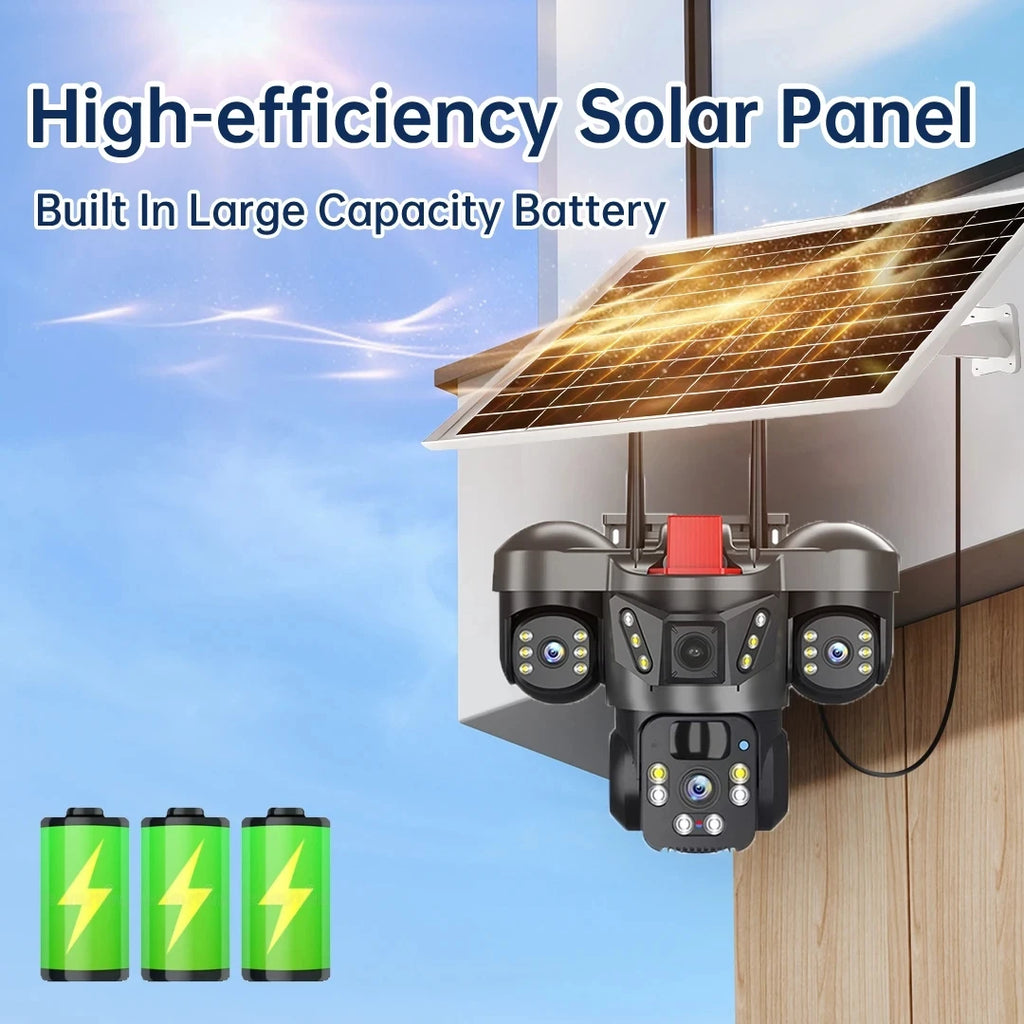 An outdoor solar security camera with a top-mounted solar panel and three green batteries shown in the bottom-left corner.
