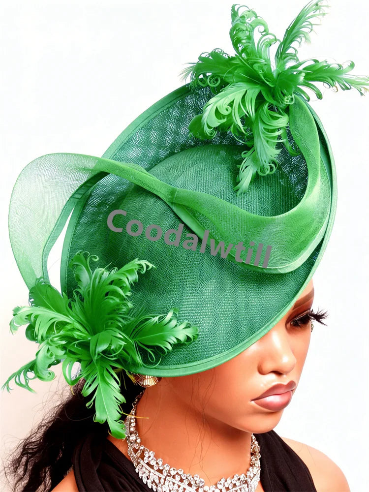 Elegant bright green fascinator with structural mesh, decorative curled feathers and loops, worn on a mannequin.