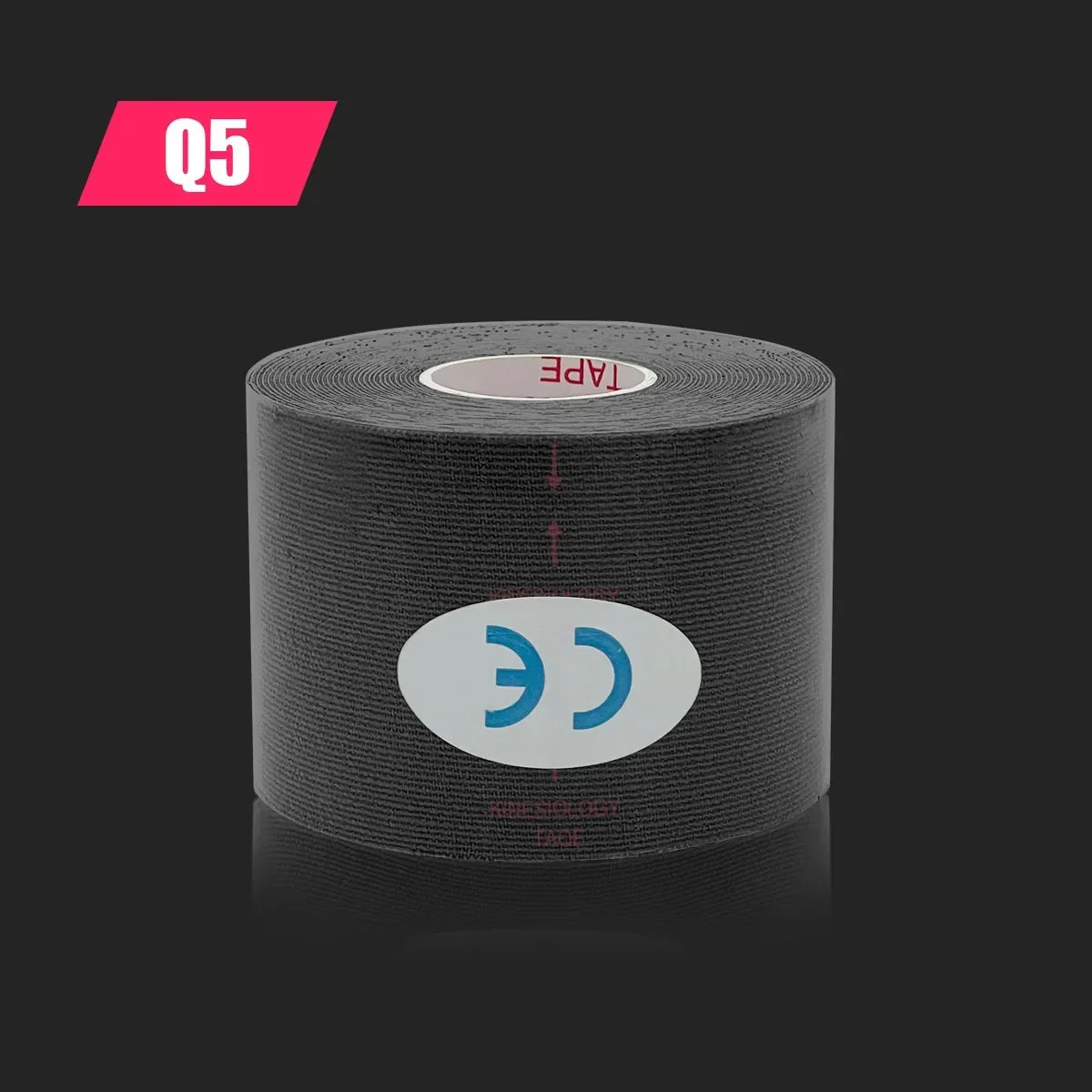 A roll of black kinesiology sports tape with a CE mark on the front, set against a dark background.