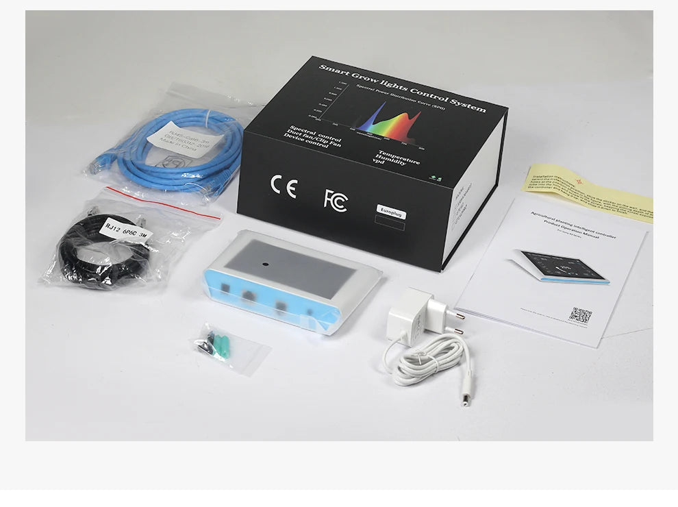 Smart grow light controller kit with 4.3-inch touch screen, cables, power adapter, and manual in a black display box.