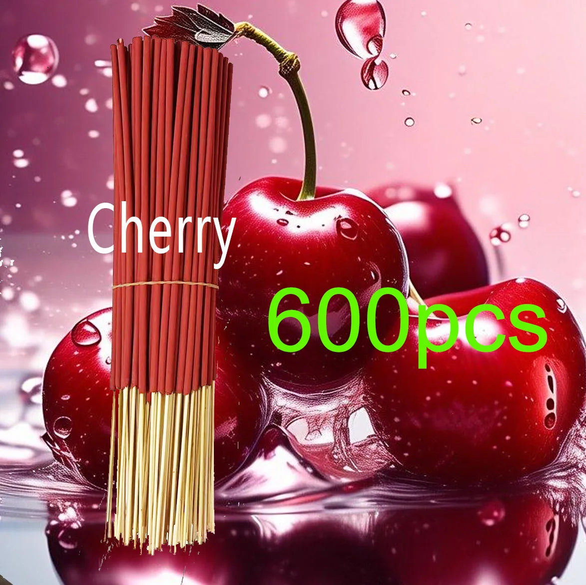 Bundle of 600 cherry-scented incense sticks with red coating and wooden stems against a glossy cherry background.