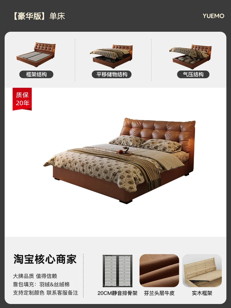 Modern Nordic style tan leather double bed with a tufted headboard and under-bed storage options.