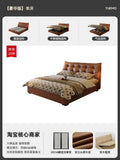 Modern Nordic style tan leather double bed with a tufted headboard and under-bed storage options.