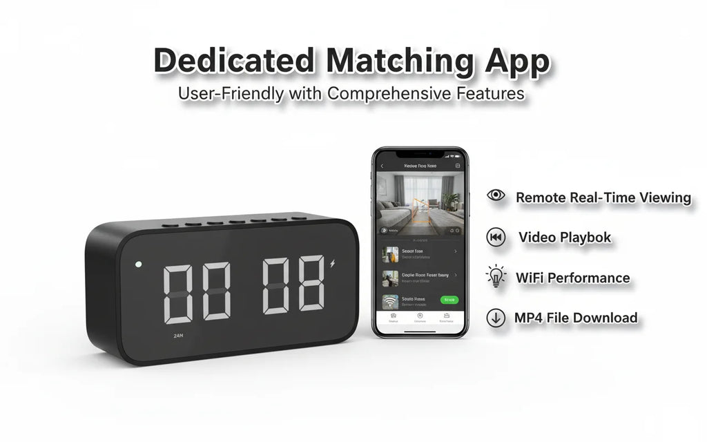 Black digital alarm clock with hidden camera, featuring smartphone app control for remote viewing and video playback.