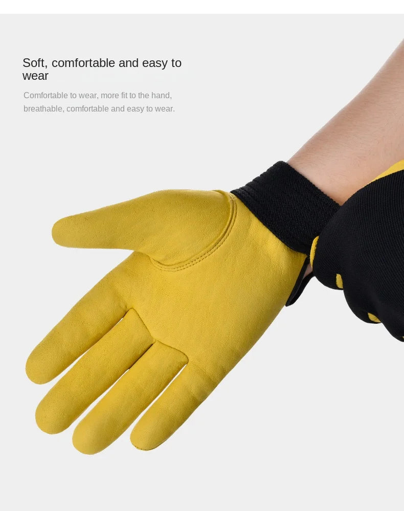 Yellow cowhide leather work gloves with black elasticated cuffs, shown worn on a hand.