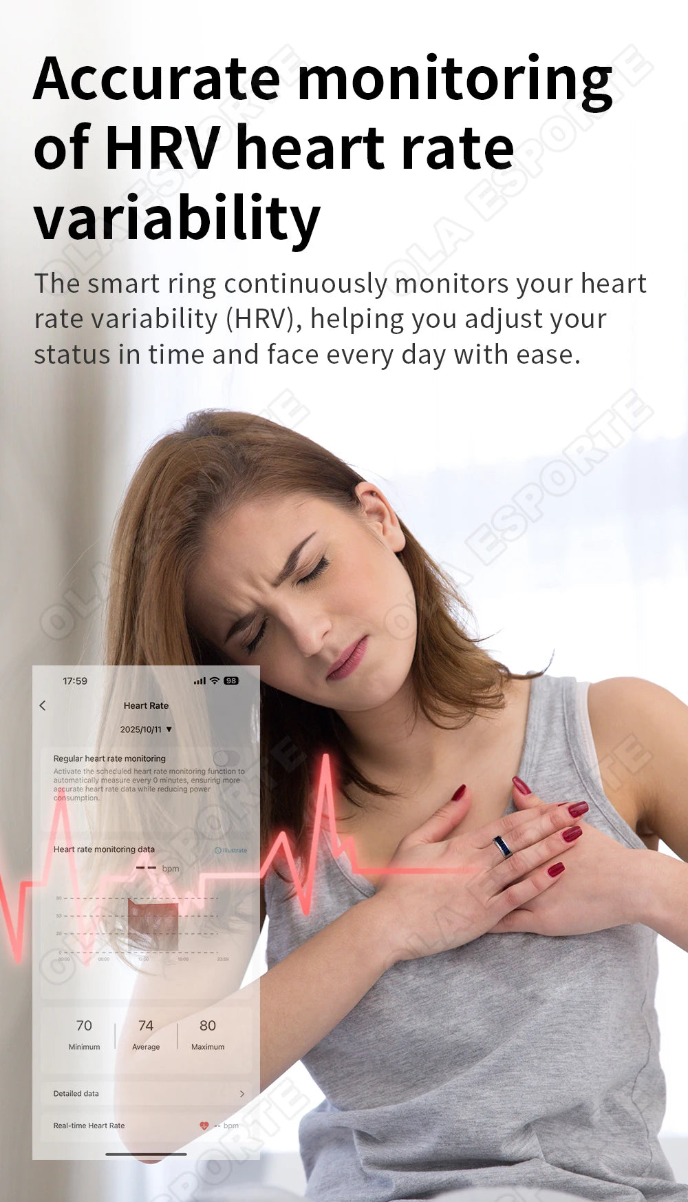 A woman wearing a sleek, dark blue smart health-tracking ring on her finger while viewing heart rate data on a phone.