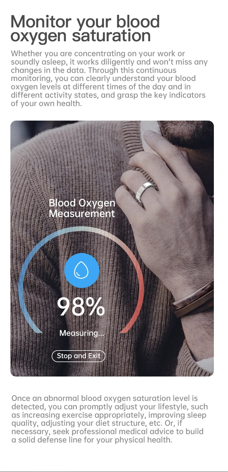 A sleek silver smart health ring worn on a finger, with a digital overlay showing 98% blood oxygen measurement.