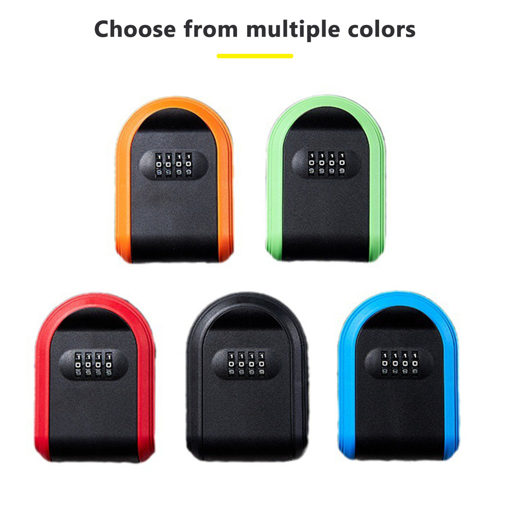 Five plastic key lock boxes with four-digit combination dials, in orange, green, red, black, and blue.