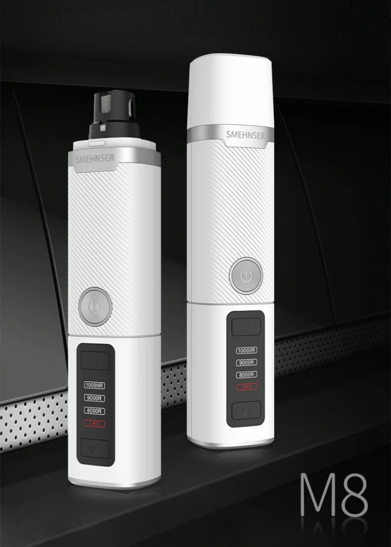 Two white, sleek electric pet nail grinders with digital displays, speed settings, and a protective cap.