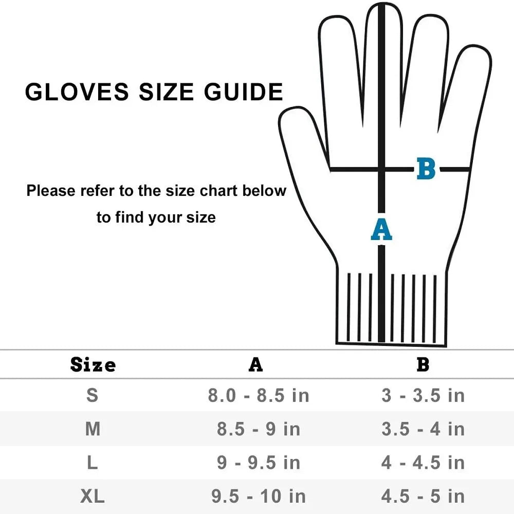 Gloves size guide chart showing hand measurements A and B with dimensions for sizes S, M, L, and XL.