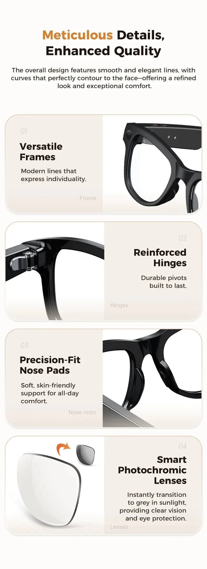 Black smart glasses featuring durable hinges, comfortable nose pads, and photochromic lenses that transition to grey.