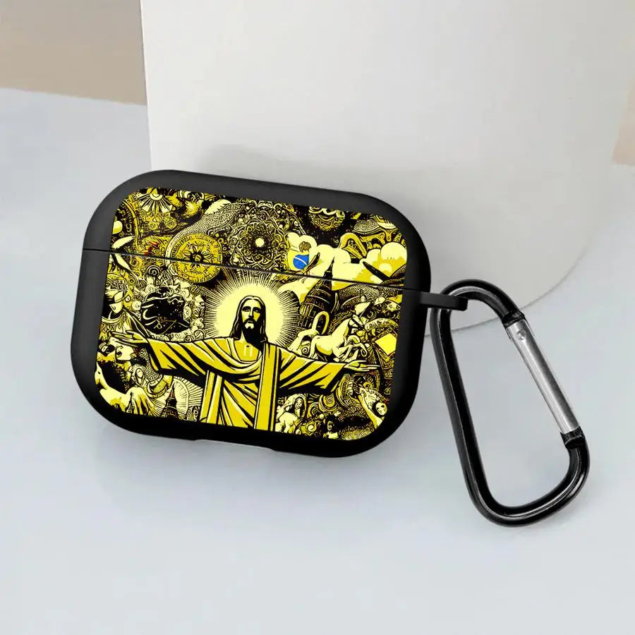 Black hard shell AirPods Pro case featuring a yellow and black graphic art print of Jesus, with a black carabiner.