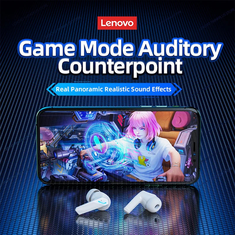 White wireless earbuds with blue light accents, displayed in front of a smartphone screen showing a gaming graphic.