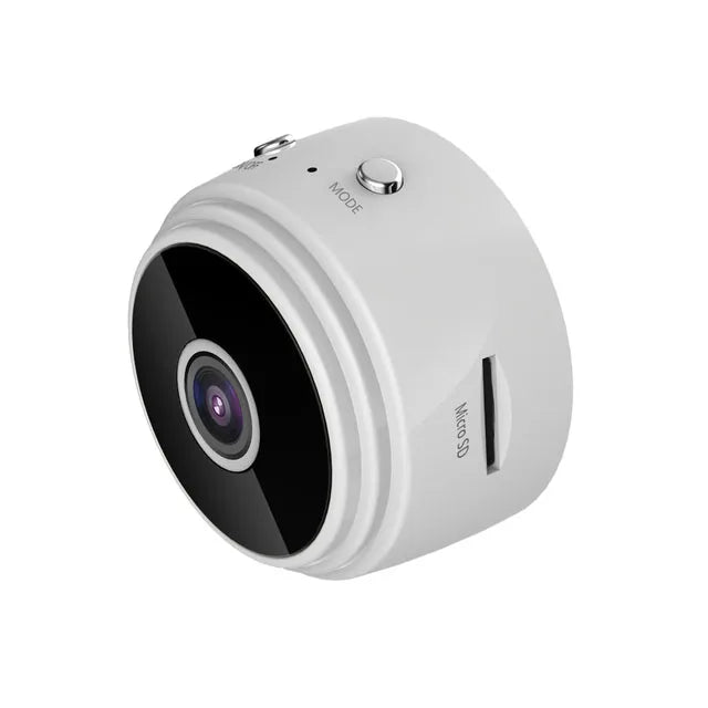 Small round white plastic security camera with a black lens, side buttons, and a Micro SD card slot.
