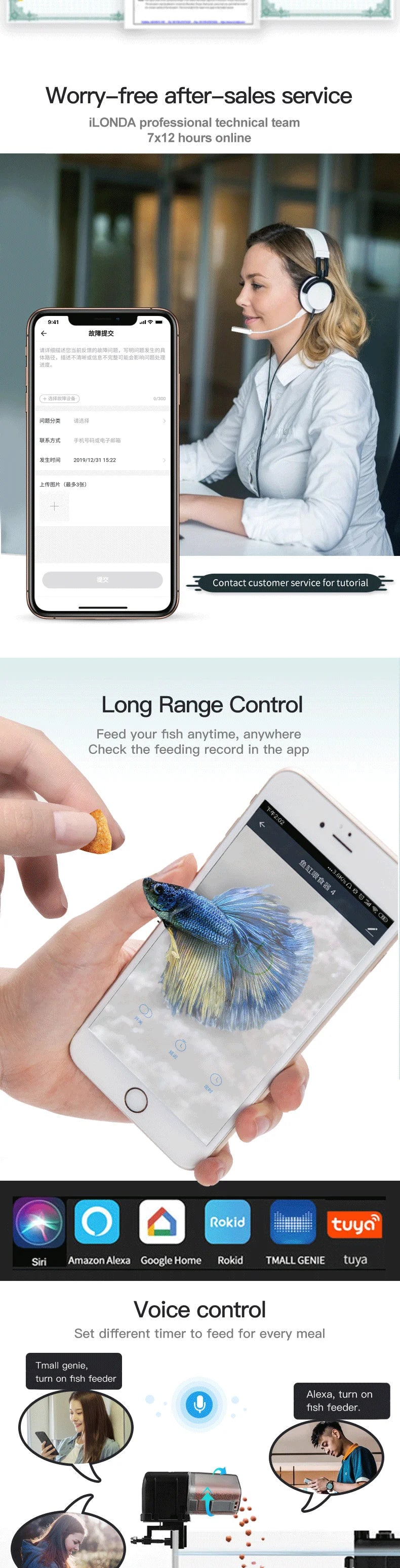 Smart fish feeder with app and voice control, showing a betta fish on a smartphone screen and various connectivity logos.