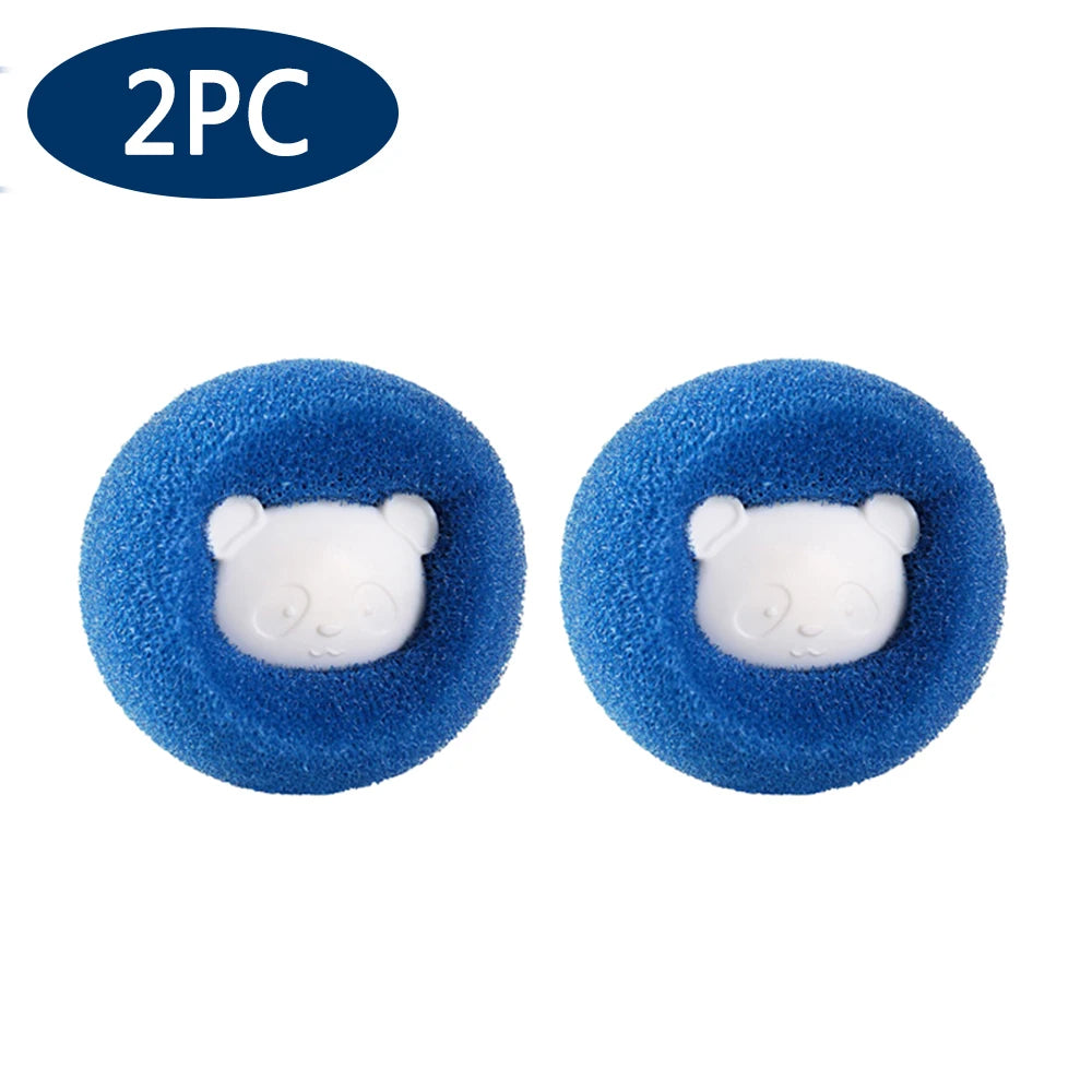 Two blue, textured circular laundry balls, each featuring a white panda face in the centre.
